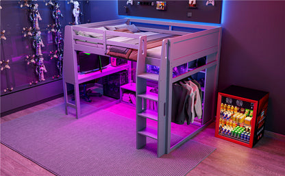 Wood Full Size Gaming Loft Bed with Desk, Multi-storage Shelves, LED and a Hanging Clothes Rack, Gray(Old SKU:N7090001042E) image 4