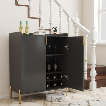 2 doors home wine bar cabinet with wine rack & adjustable storage shelf, modern sideboard with soft-closing hinge, dinning room buffet cabinet, Liquor Cabinet kitchen, living room coffee cart BLACK image 7