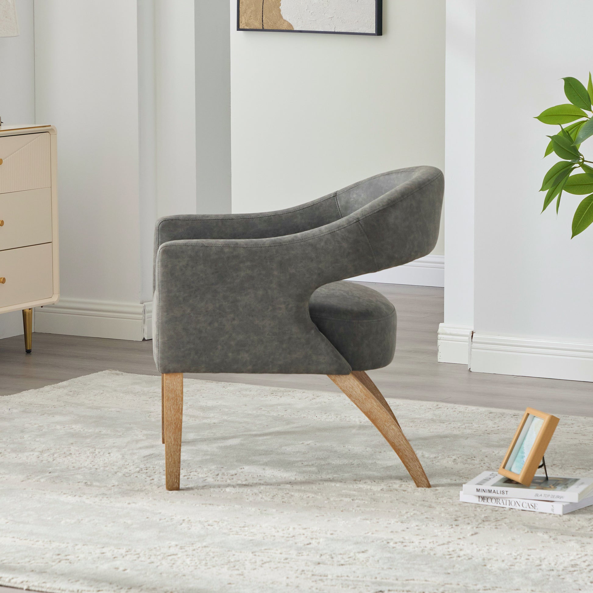 Modern Upholstered PU Open Back Accent Armchair Barrel Dining Chair with Weathered Rubberwood Legs, Hollow-Out Side Club Chair for Living Room Bedroom Restaurant Cafes Dining Room Reception,Gray image 5