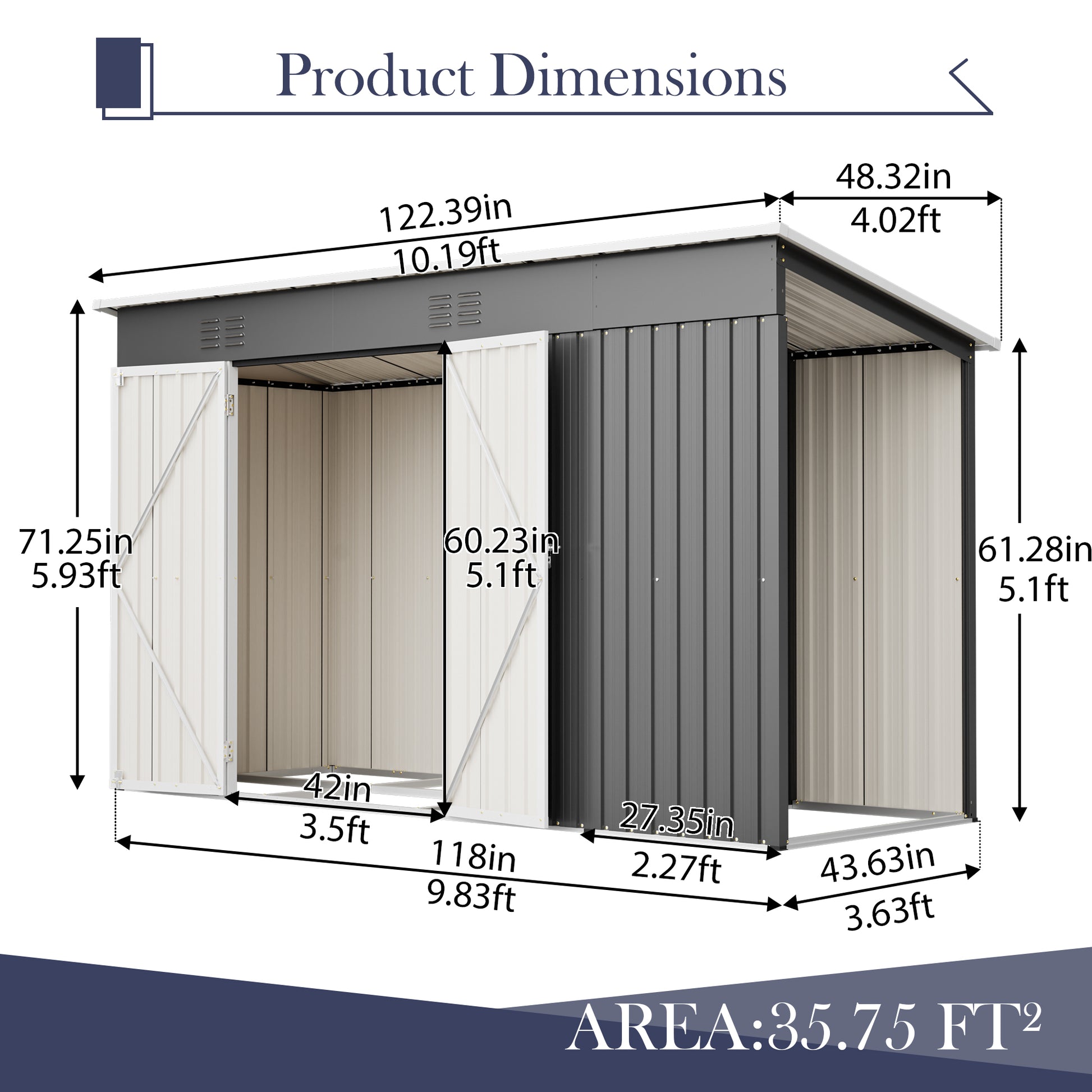 10'x4' Outdoor Metal Storage Shed for Garden Tools Lockable Door With Floor Frame image 2