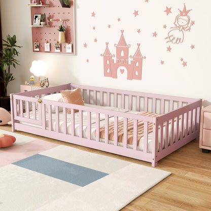 Twin Size Floor Bed with Fence and Door,Rubber Wood Floor Bed with Safety Guardrails,Pink image 12