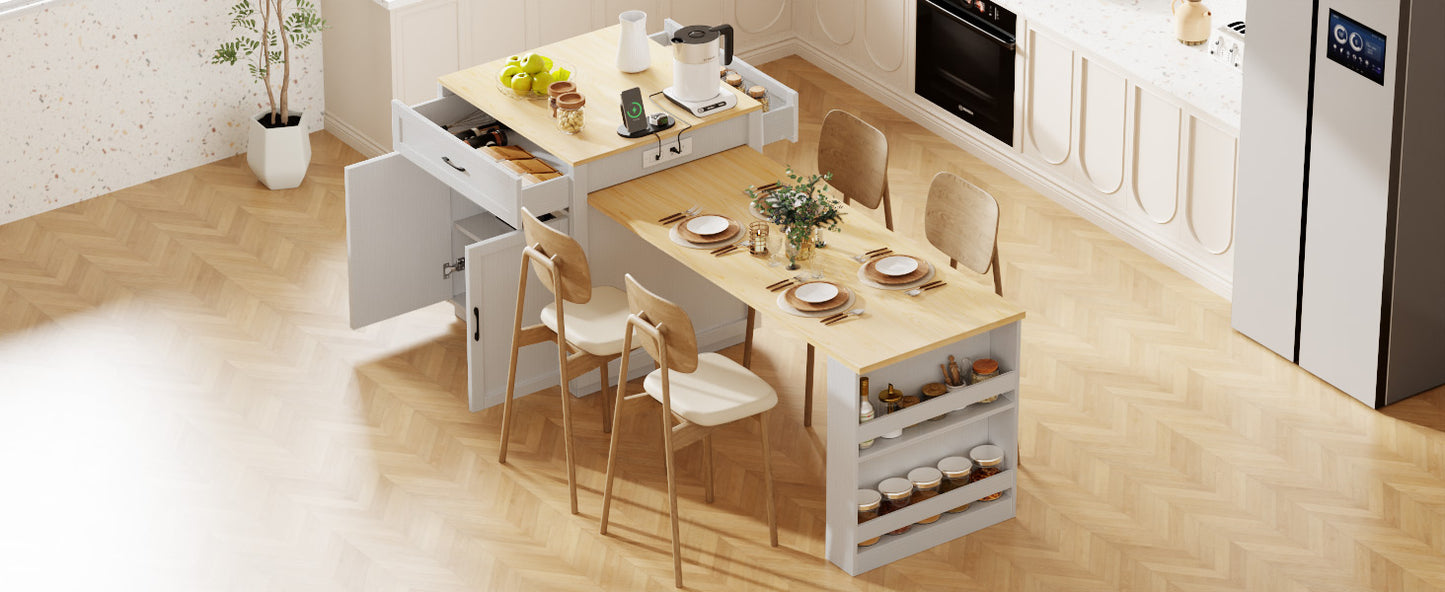 K&K 82.7 inch Kitchen Island with Extendable Dining Table for 4-6 Person,Two-tone Kitchen Table with Double-sized Storage, Power Outlet, Kitchen island with Storage 2 Drawers 2 Side Open Shelves,White image 8