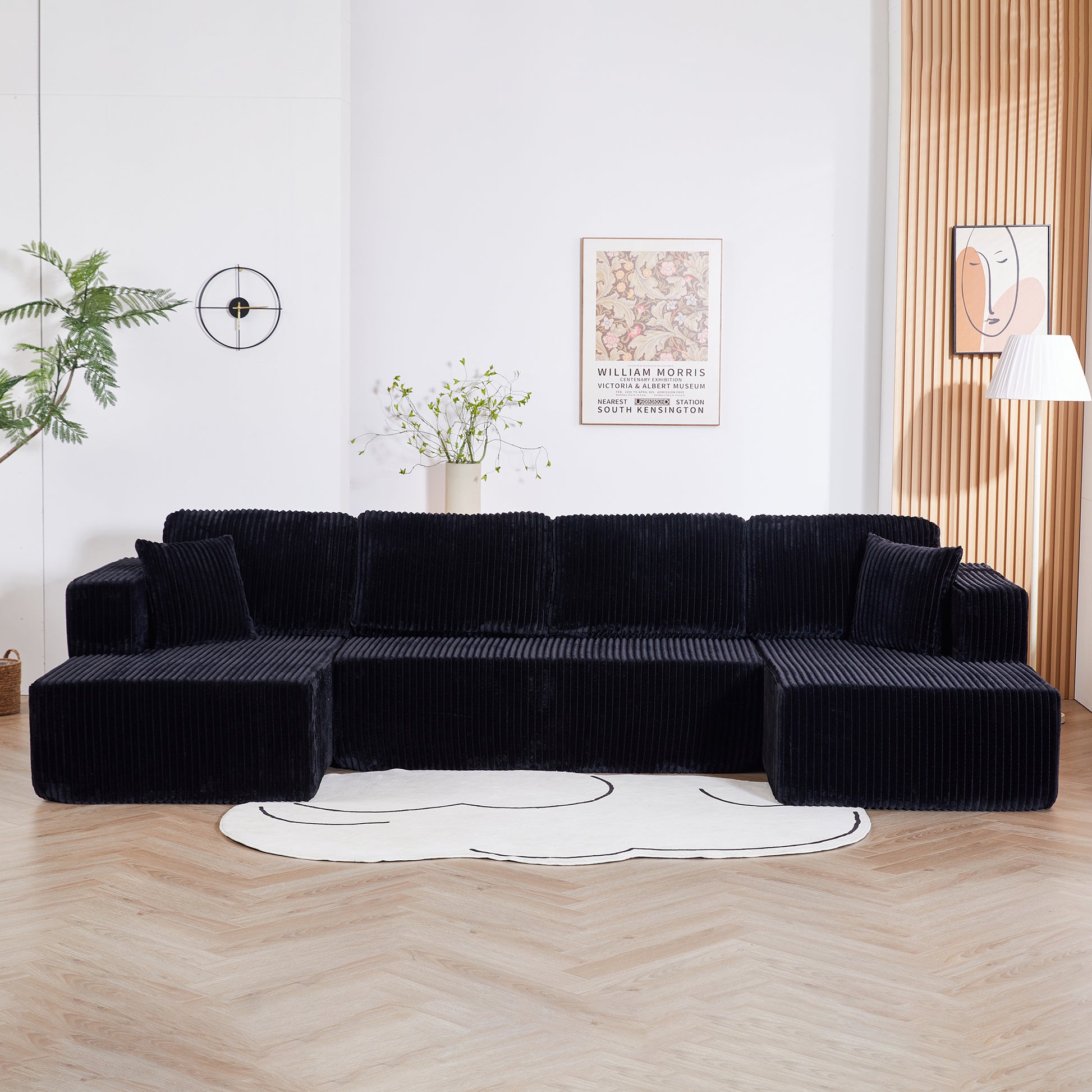 U shape Modular Sectional Sofa, Compressed Sectional Sofa Modern Minimalist Style Corduroy Couch, Sleeper Sofa for Living Room, Bedroom, Comfy Compressed Sofa Couch Space-Efficient,BLACK image 1