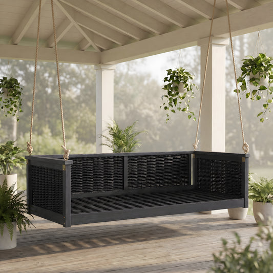 TOPMAX Outdoor Classic Solid Wood Twin Size Swing Bed,Garden Porch Rattan Swing Frame with Long Ropes for Poolside, Backyard, BLACK image 1