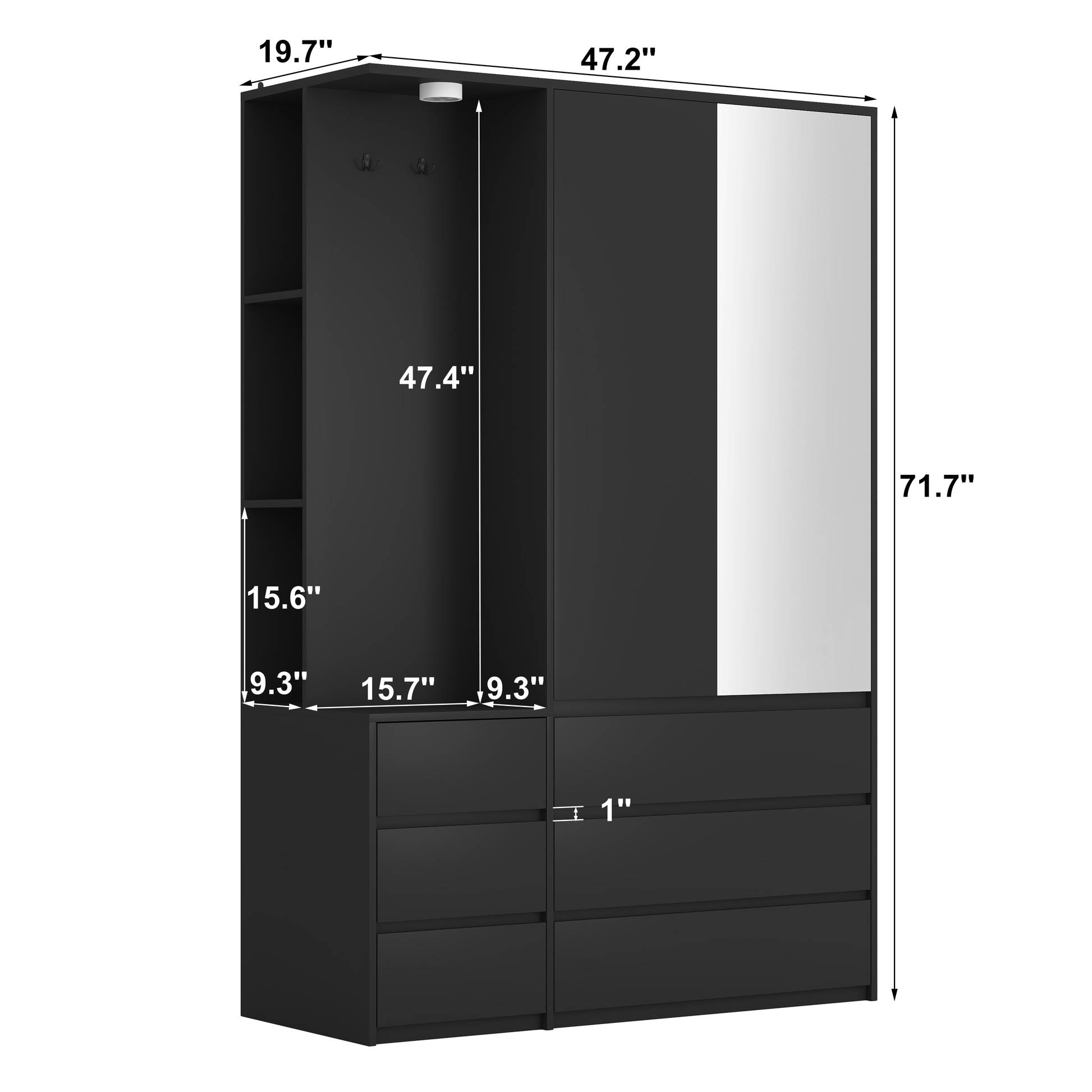 Wardrobe Closet 71.7" H, Bedroom Wooden Wardrobe with 2 Doors 6 Drawers, Modern Clothing Storage Cabinet Combination with Storage Shelves and Hanging Rail, Black image 3