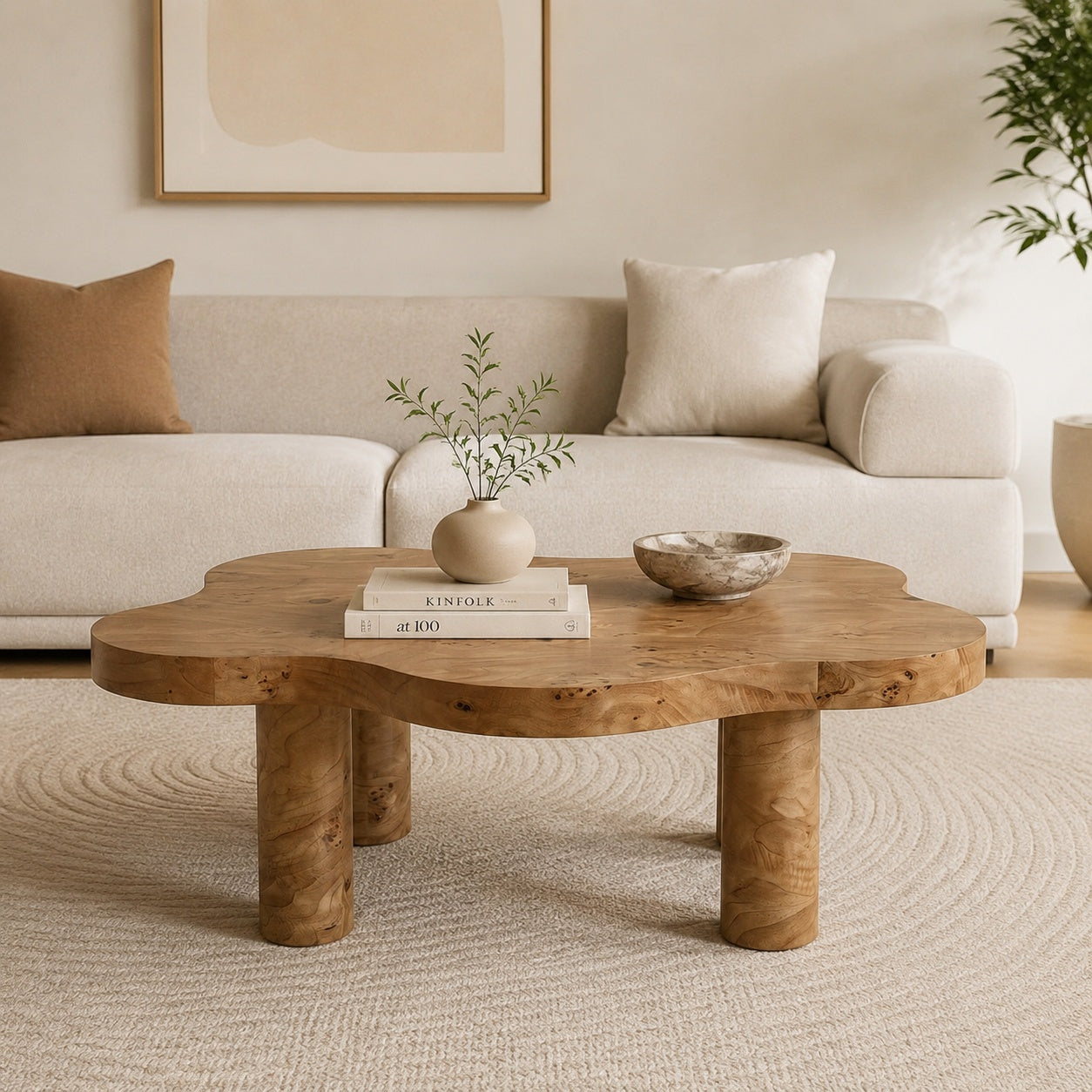 40'' Burl Cloud Coffee Table with 4 Round Legs, Low Profile Modern Coffee Table, Unique Irregular Center Table for Living Room, Apartment, Natural Color image 1