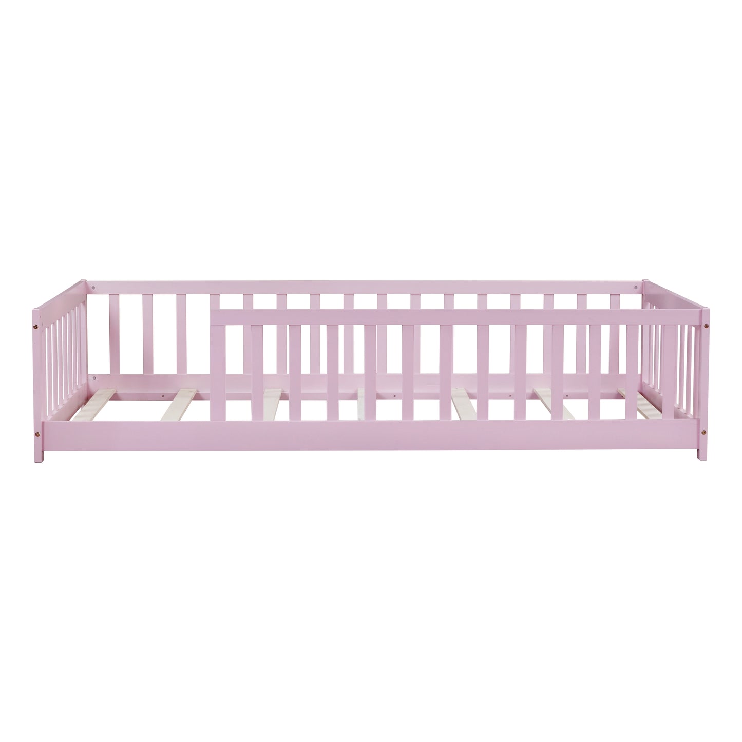 Twin Size Floor Bed with Fence without Door, Rubber Wood Floor Bed with Safety Guardrails,Pink (Old Sku W504P296798) image 5