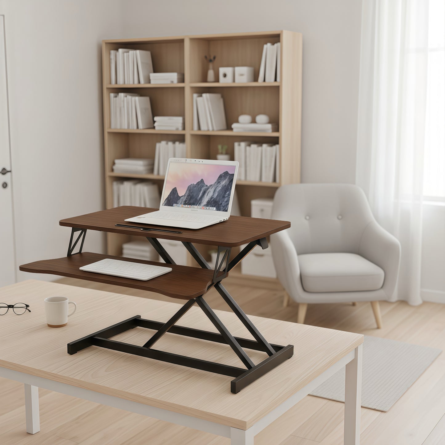 32 Inch Desk Converter, Height Adjustable Sit to Stand Riser, Dual Monitor and Laptop Workstation with Wide Keyboard Tray, Walnut Color image 9