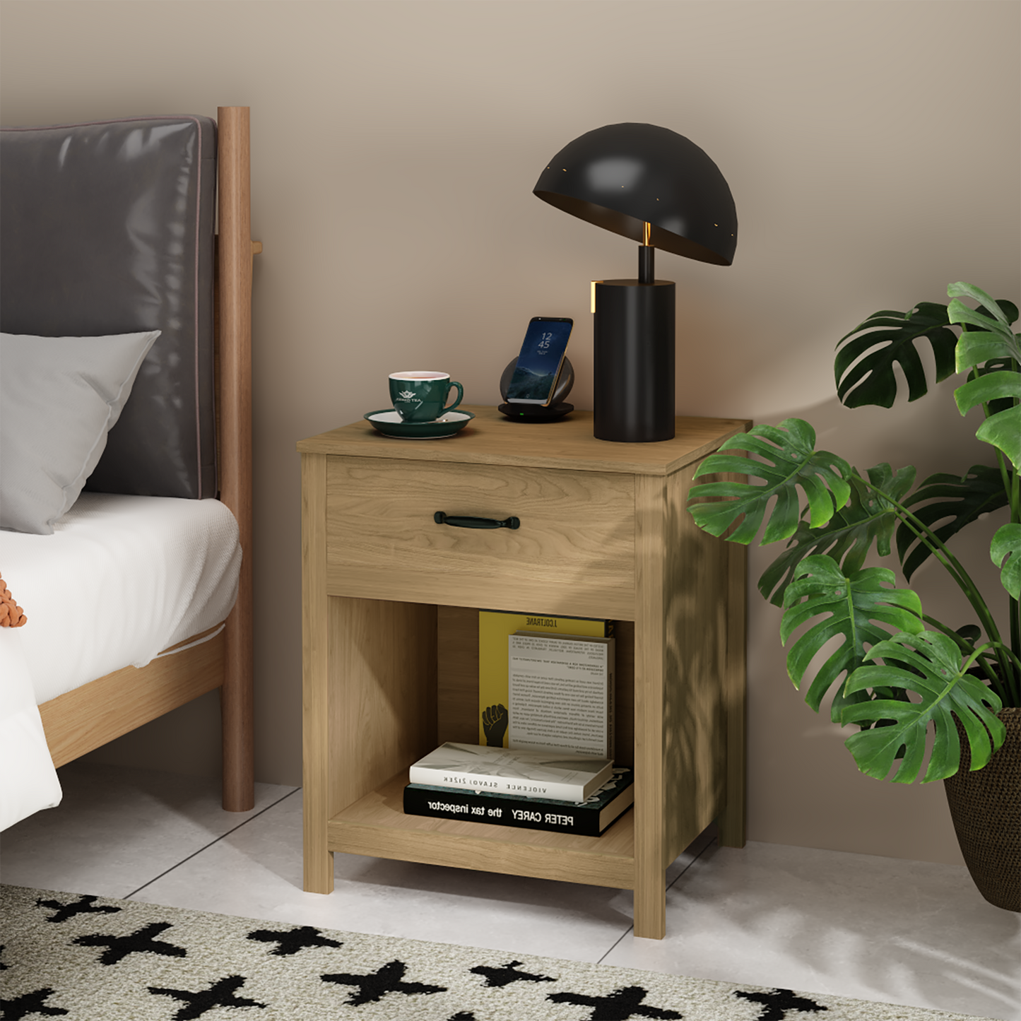 Wood Nightstand with Drawer and Open Shelf, Modern Bedside Table with Storage, Wooden End Table for Bedroom, Living Room or Apartment, Natural Finish, Brown image 1