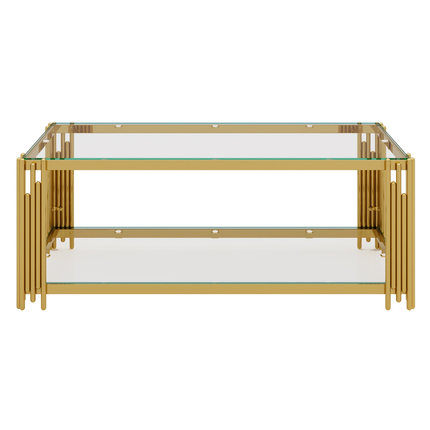 Modern Transparent Glass Coffee Table,Rectangle, Asymmetrical Metal, Gold Finish & Lower Shelf, 47.5" image 11