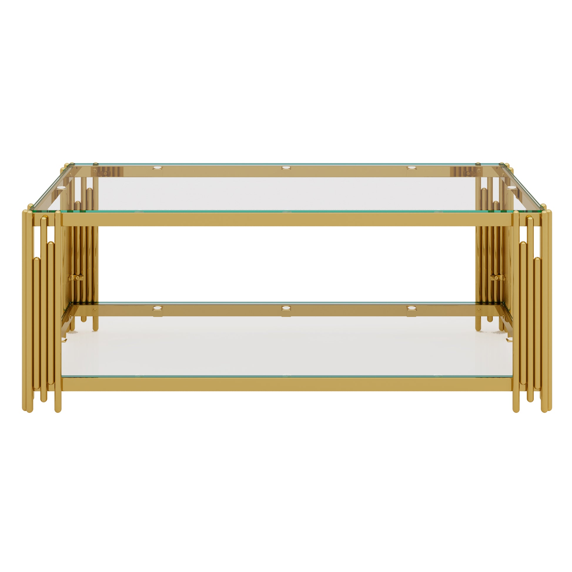 Modern Transparent Glass Coffee Table,Rectangle, Asymmetrical Metal, Gold Finish & Lower Shelf, 47.5" image 11