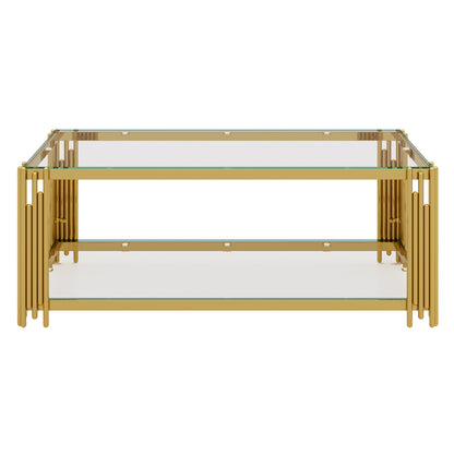 Modern Transparent Glass Coffee Table,Rectangle, Asymmetrical Metal, Gold Finish & Lower Shelf, 47.5" image 11