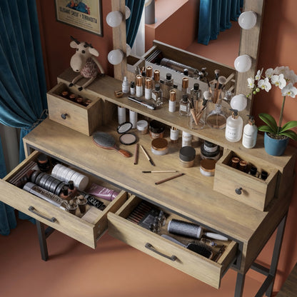39.37" Brown Vanity Desk with 3-Color Lighted Mirror - Makeup Table with 4 Drawers image 11