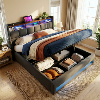 (=AA20690910G) Queen size Upholstered Platform bed with a Hydraulic Storage System, LED and Charging Station, No Box Spring Needed, Easy Assembly, Noise-Free, Grey (without mattress) image 1