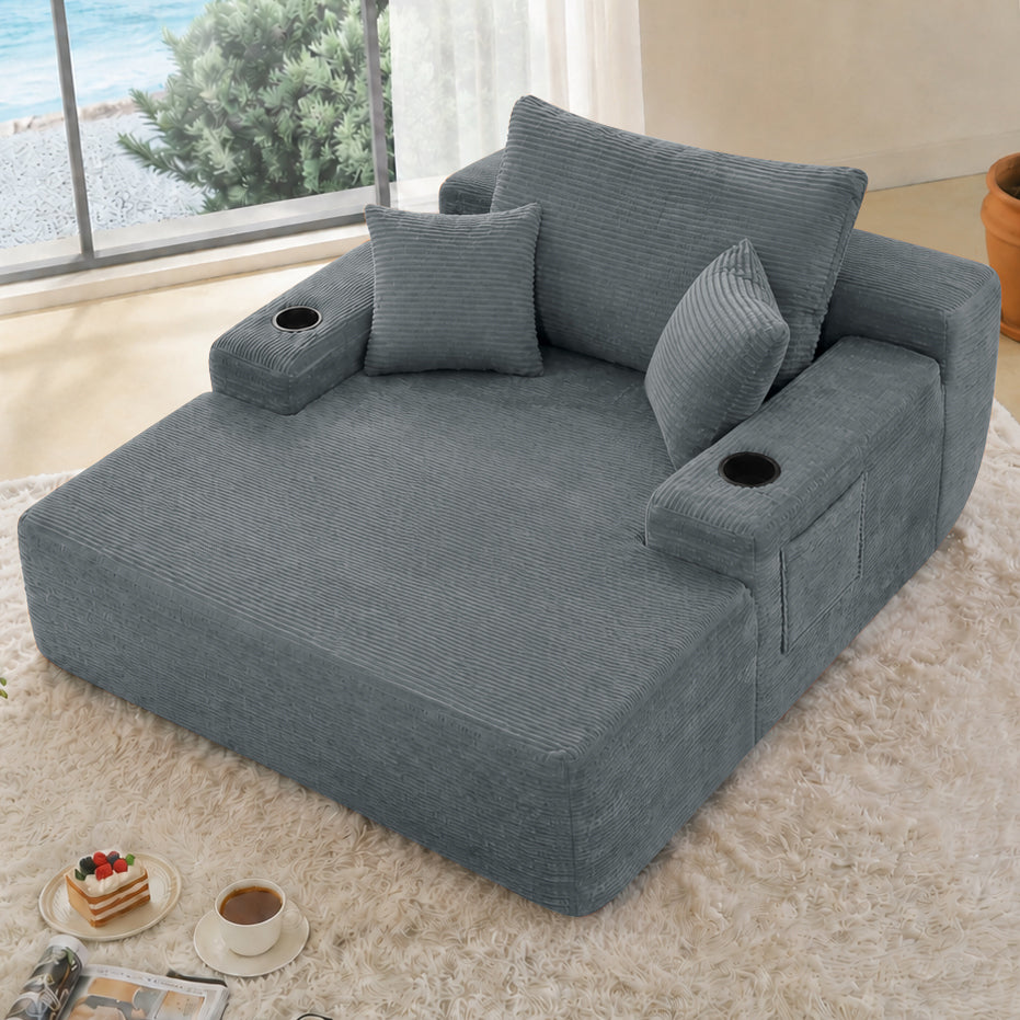NEW Convertible Chaise Lounge Chair Corduroy with Wide Armrest & Throw Pillows, Cozy Boneless Sleeper Sofa Bed Armchair,with cup holder, for Living Room, Bedroom, No Assembly Required,Grey image 1