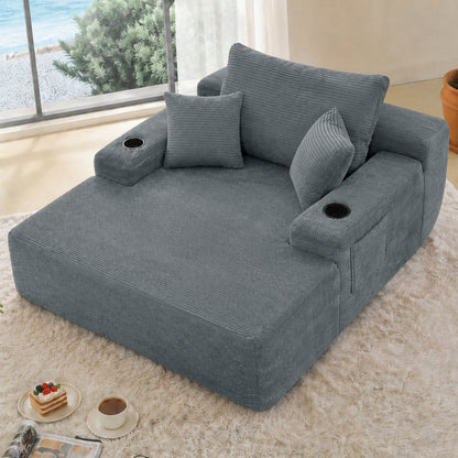 NEW Convertible Chaise Lounge Chair Corduroy with Wide Armrest & Throw Pillows, Cozy Boneless Sleeper Sofa Bed Armchair,with cup holder, for Living Room, Bedroom, No Assembly Required,Grey image 1