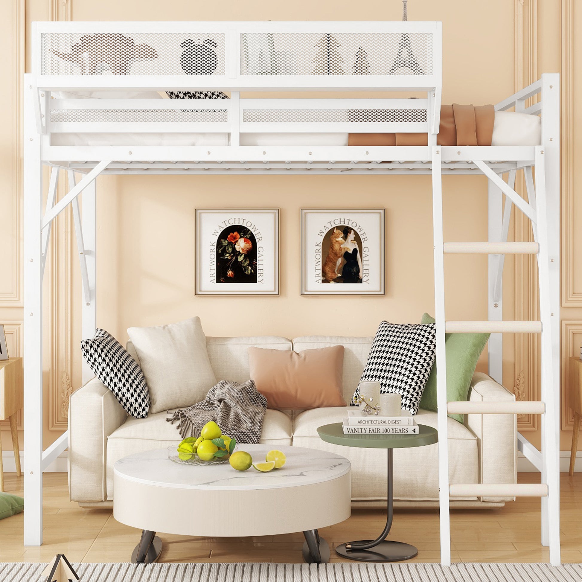 Queen Size Loft Bed with Ladder, Metal Queen Loft Bed with Storage Shelves, High Loft Bed for Kids Teens, White(Expect Arrival Date 2025/12/3 Old SKU W2580P351278) image 2