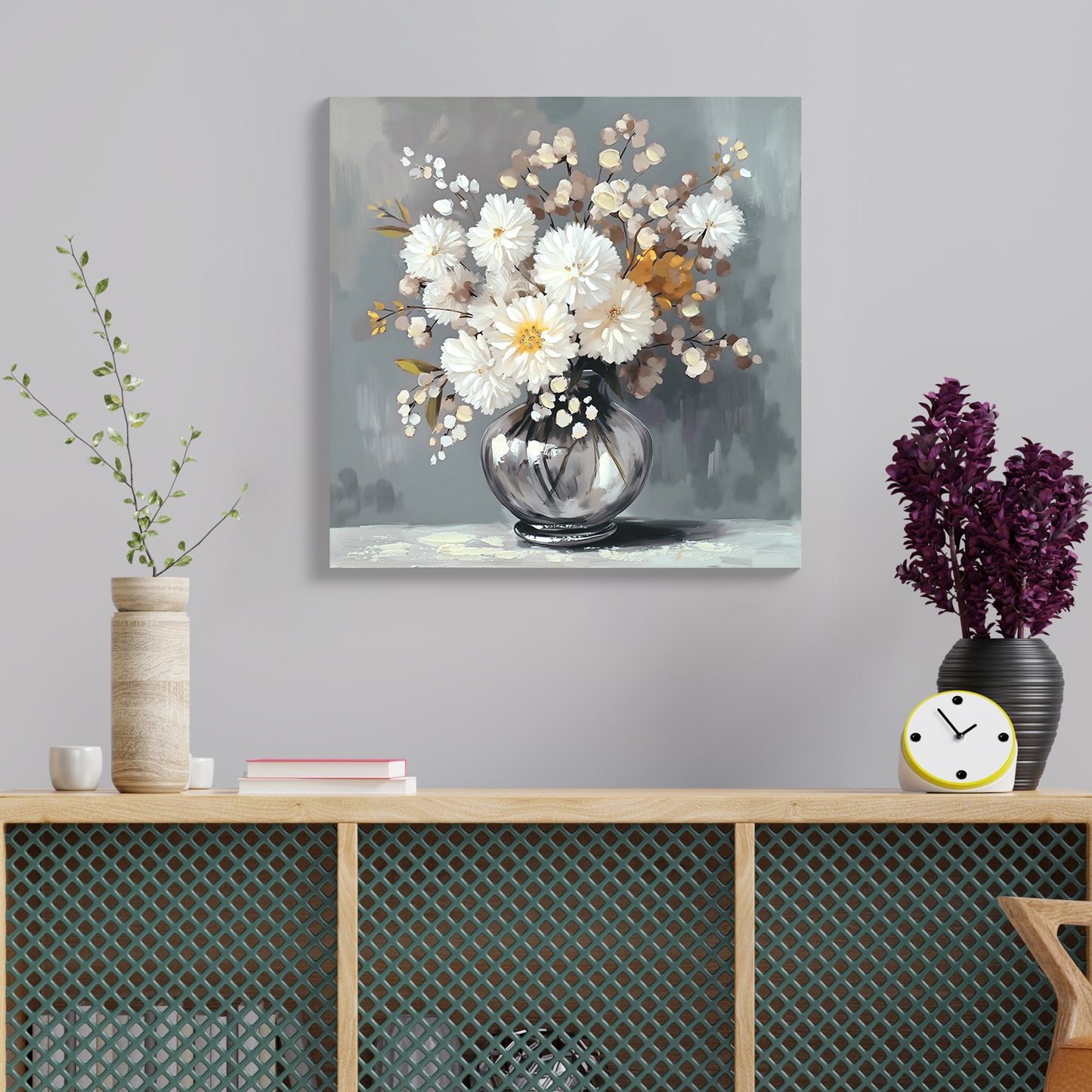 White chrysanthemum canvas wall art 24x24 farmhouse vintage bathroom decor