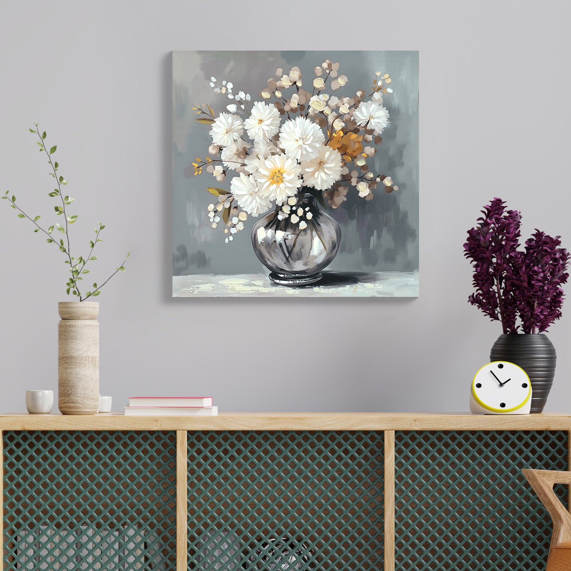 White chrysanthemum canvas wall art 24x24 farmhouse vintage bathroom decor