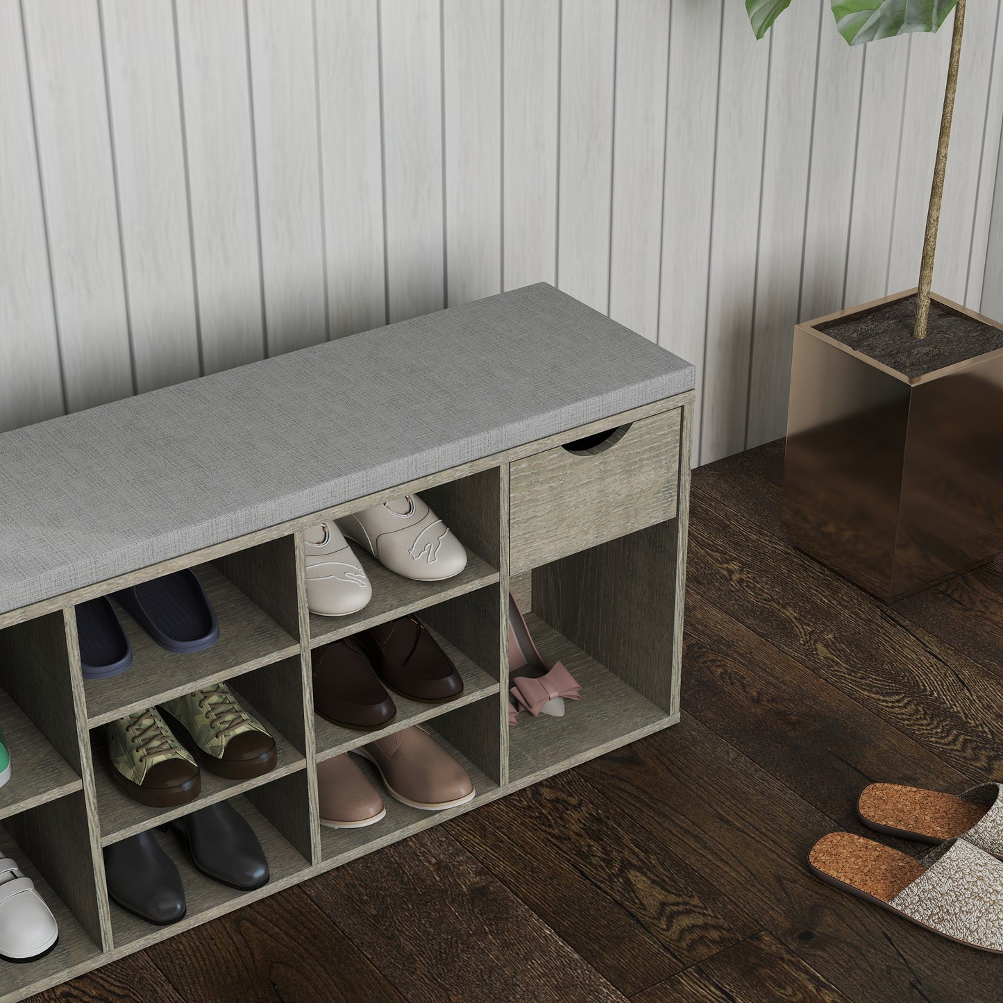 Storage Bench, Shoe Bench, Entryway Bench with Padded Cushion, Drawer and Open Compartments, Bench with Storage, 3 Tier Shoe Rack Bench image 7