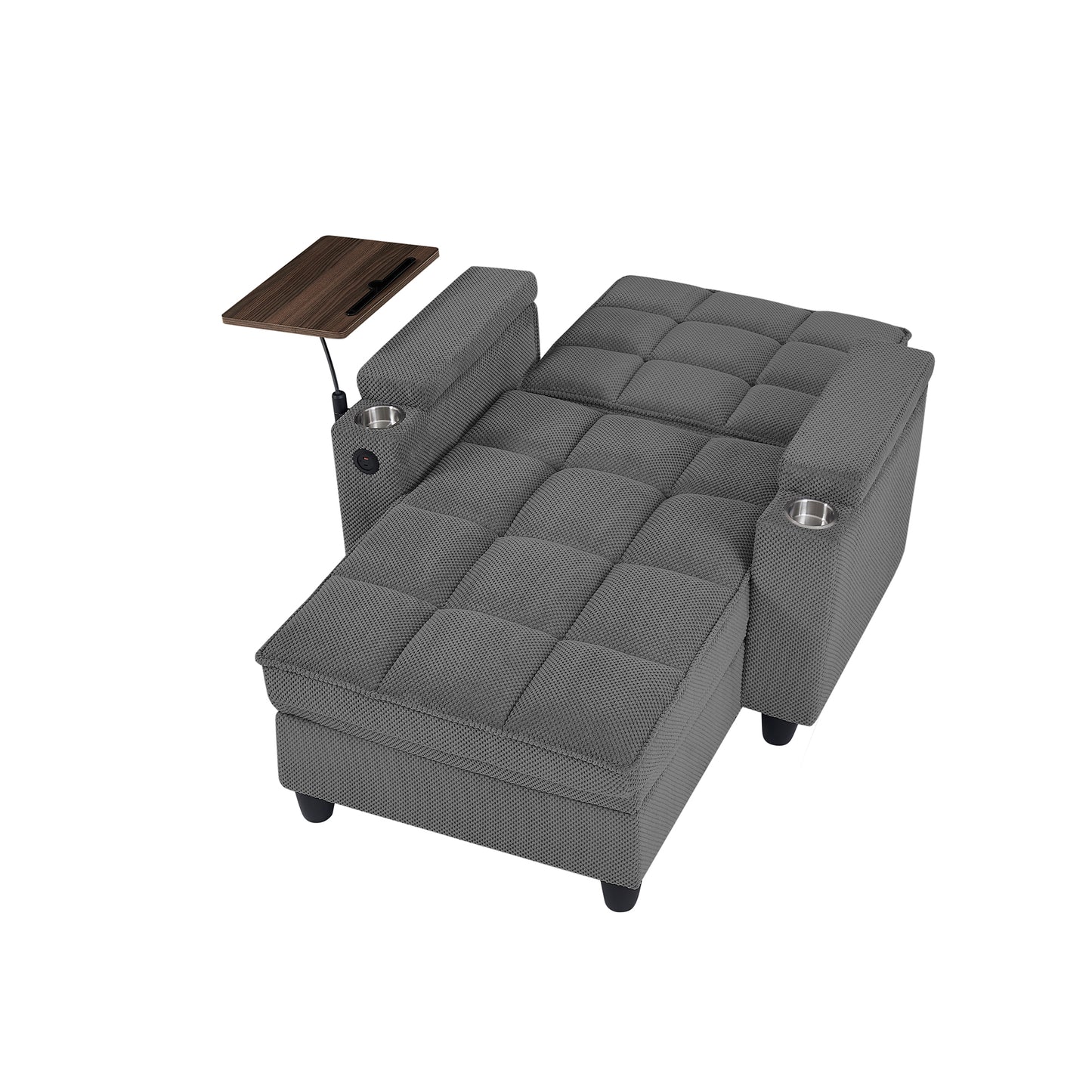 Dark Grey Chaise Lounge Sofa,Sleeper Chair Bed with 6-Position Adjustable Backrest,USB Ports, Cup Holder and Swivel Side Table image 8
