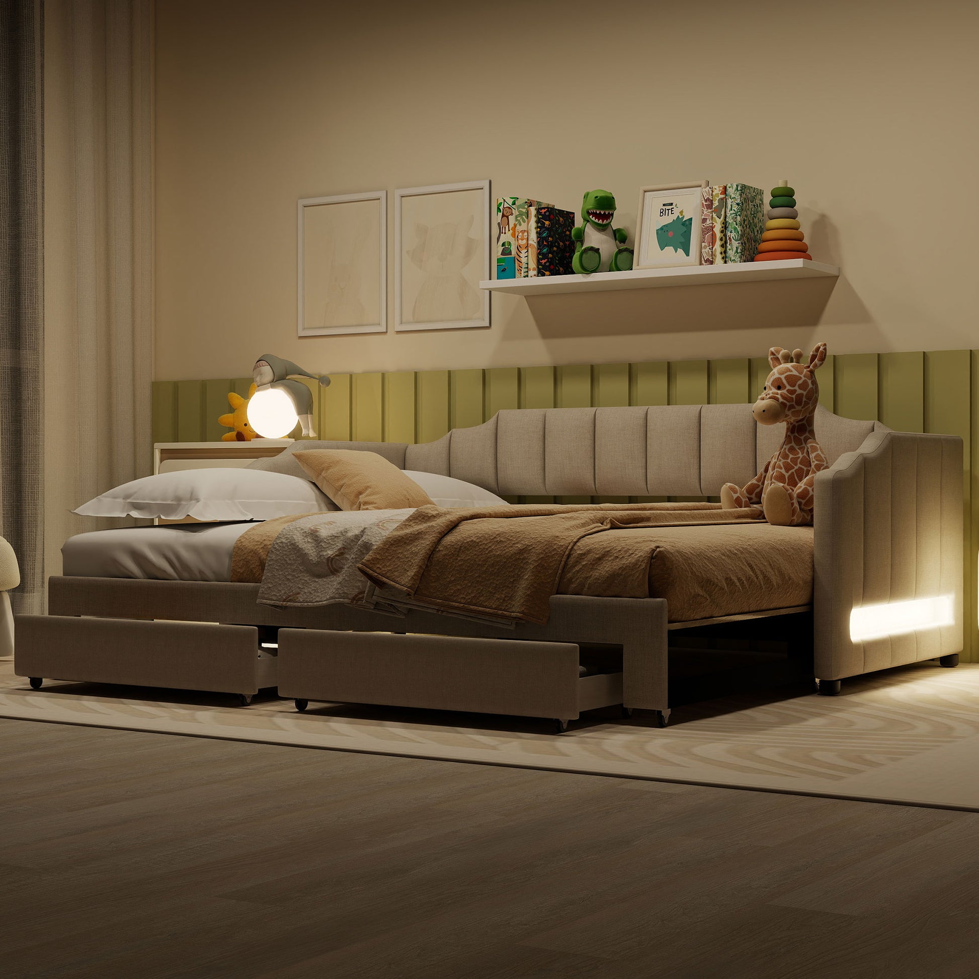 Twin XL Size Extendable Upholstered Daybed with Two Storage Drawers and LED Light,Twin XL to King Daybed,Beige image 3