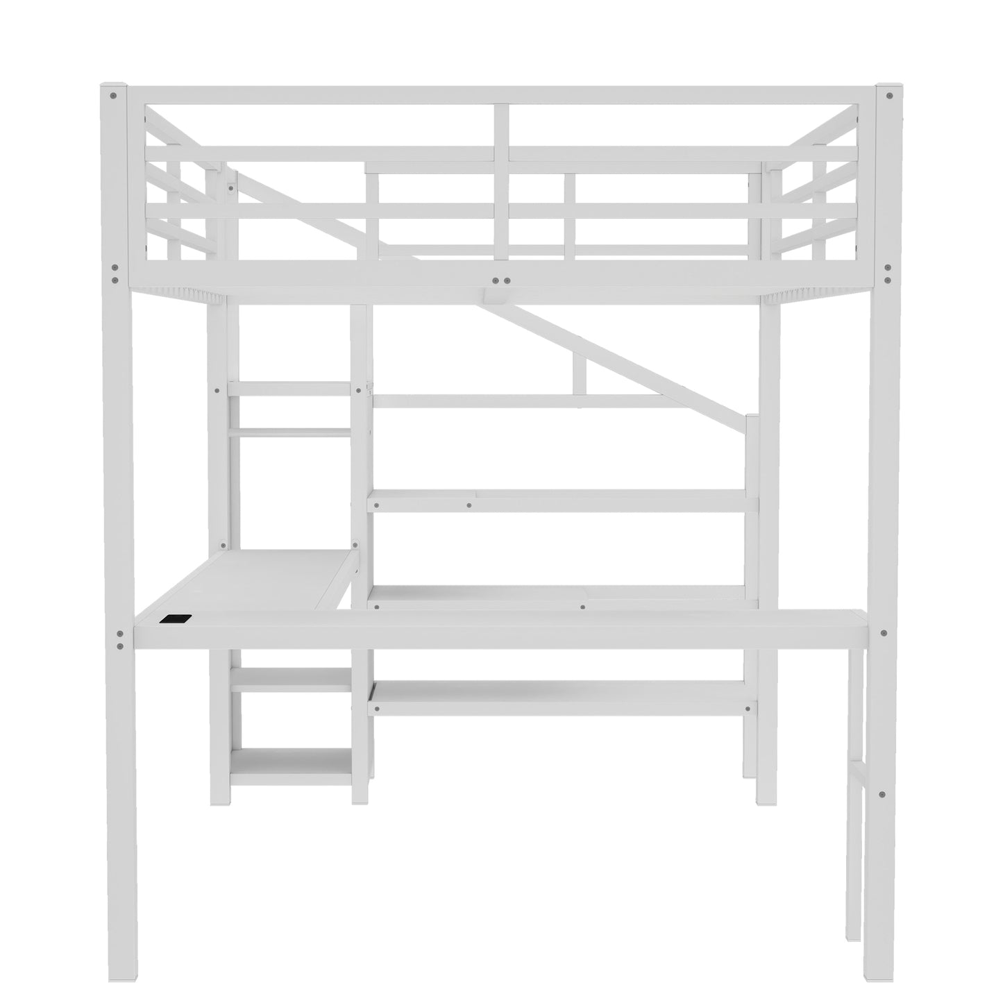 Queen Size Loft Bed with L-shaped Desk and USB, Metal Loft Bed with Wardrobe and Adjustable Shelf, High Loft Bed with LED for Kids Teens Adults, White image 4