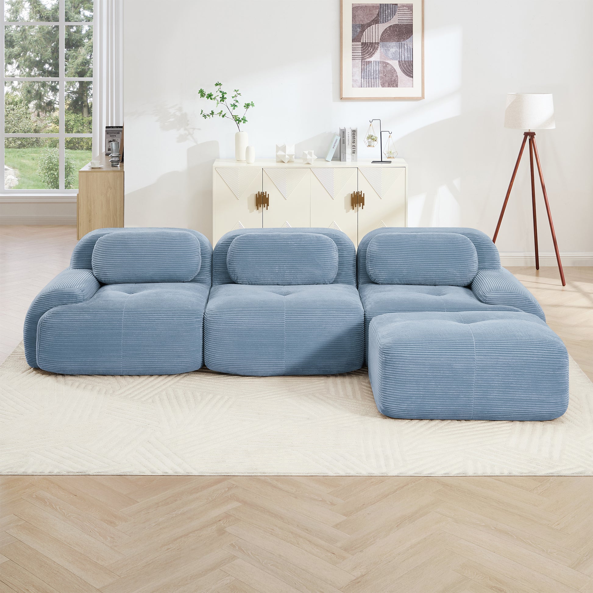 L-shaped modular sofa no assembly ergonomic design pet-friendly luxuryCorduroy Fabric fabric extra-wide curved armrests 32D high-resilience sponge for living rooms bedroom,Blue image 2