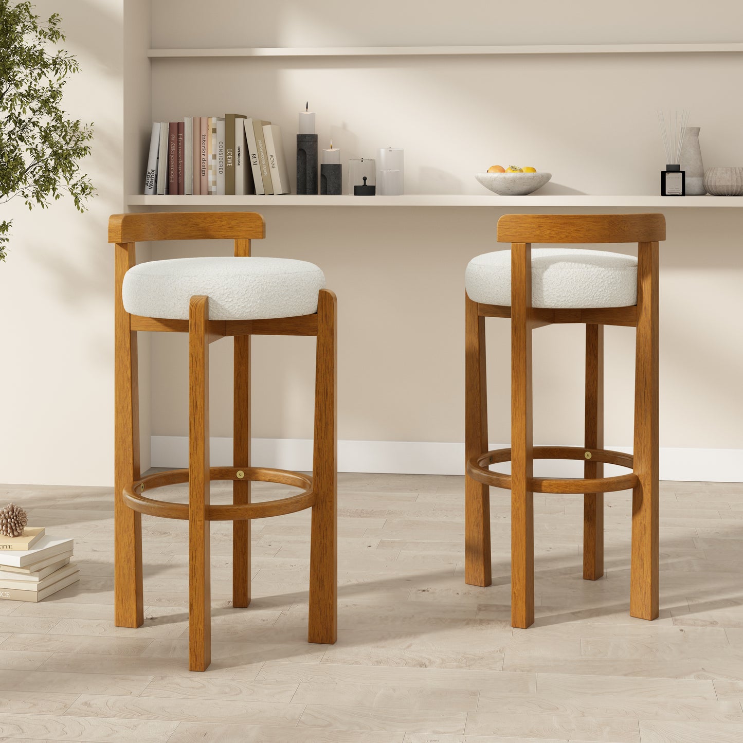 Elise Indoor Wooden Low Back Barstool, Walnut Finished and White Upholstery, Set of 2 image 1