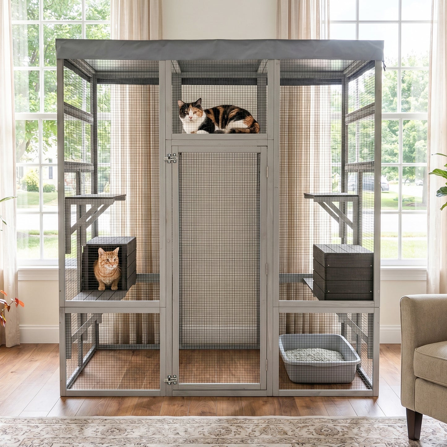 62.6" Wooden Catio for Cats, Large Cat Enclosure with Waterproof cover, 2 Napping House, Platforms & Galvanized Metal Wire – Secure Pet Cage Shelter image 1