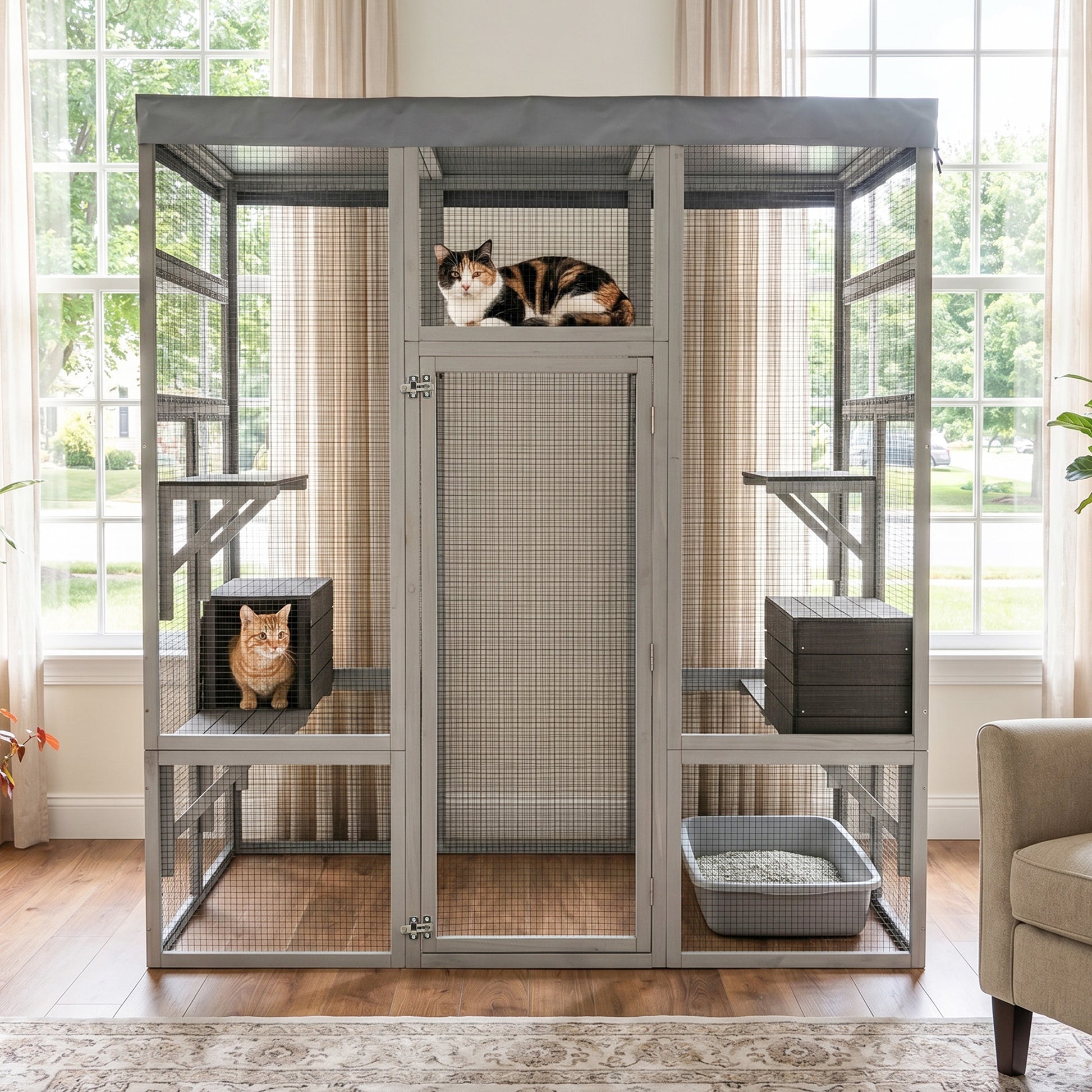 62.6" Wooden Catio for Cats, Large Cat Enclosure with Waterproof cover, 2 Napping House, Platforms & Galvanized Metal Wire – Secure Pet Cage Shelter image 1