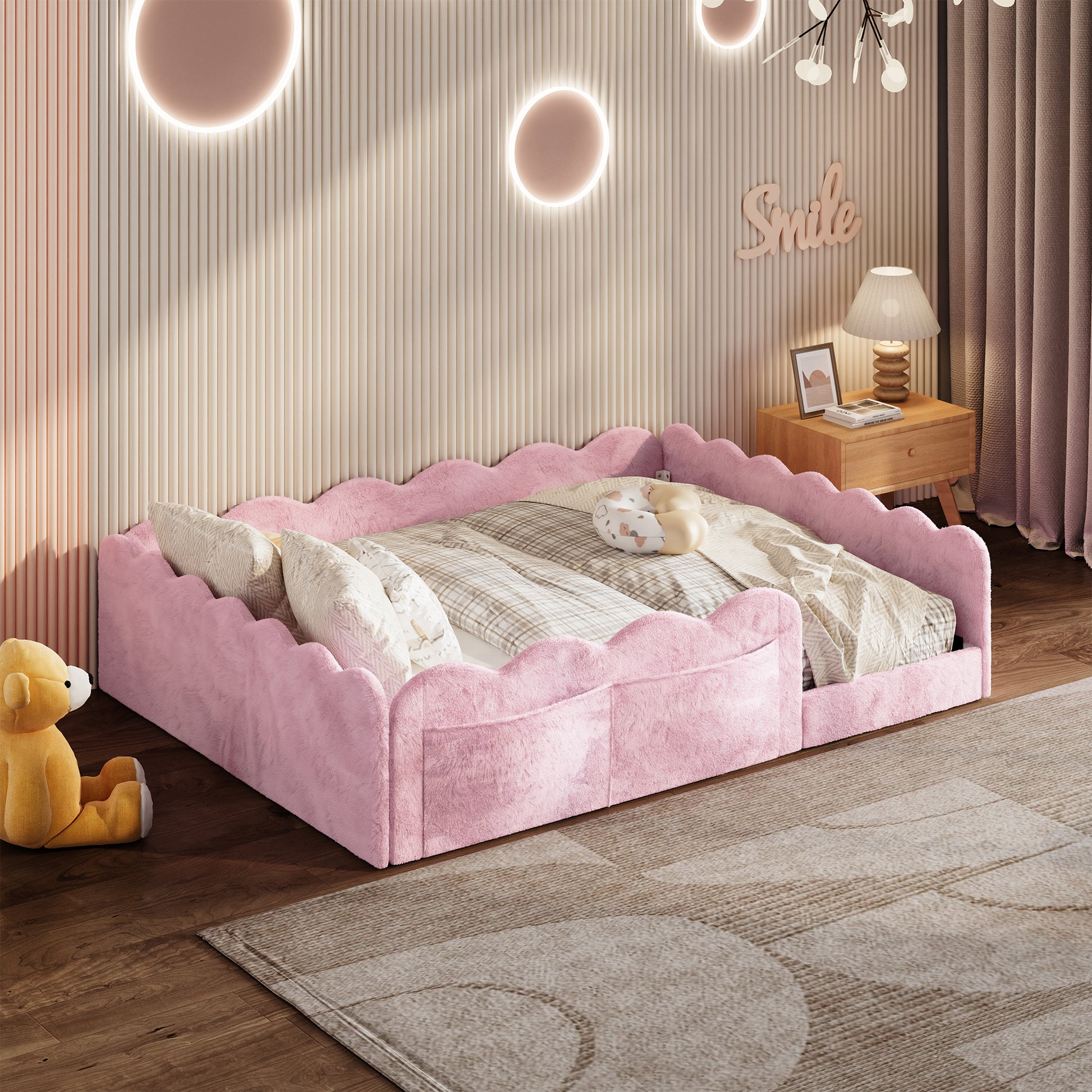 Full Size Upholstered Floor Bed, Pink image 1