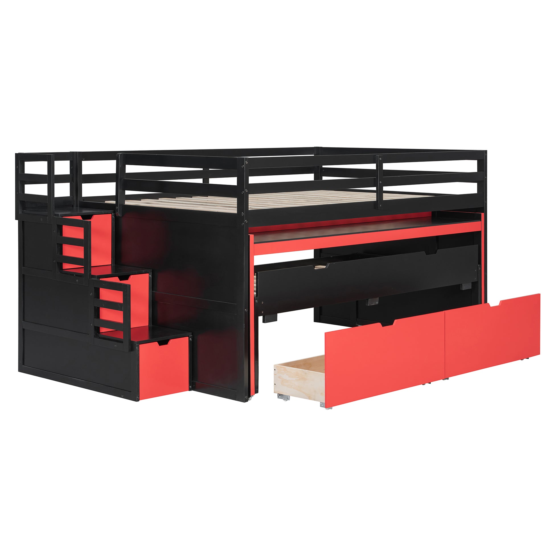 Full XL Loft Bed with Pull-Out Desk and Twin Trundle, Multi-Functional Bunk Bed with 2 Storage Drawers and Storage Steps, Space-Saving Gaming & Workstation Bedframe, Black+Red image 12