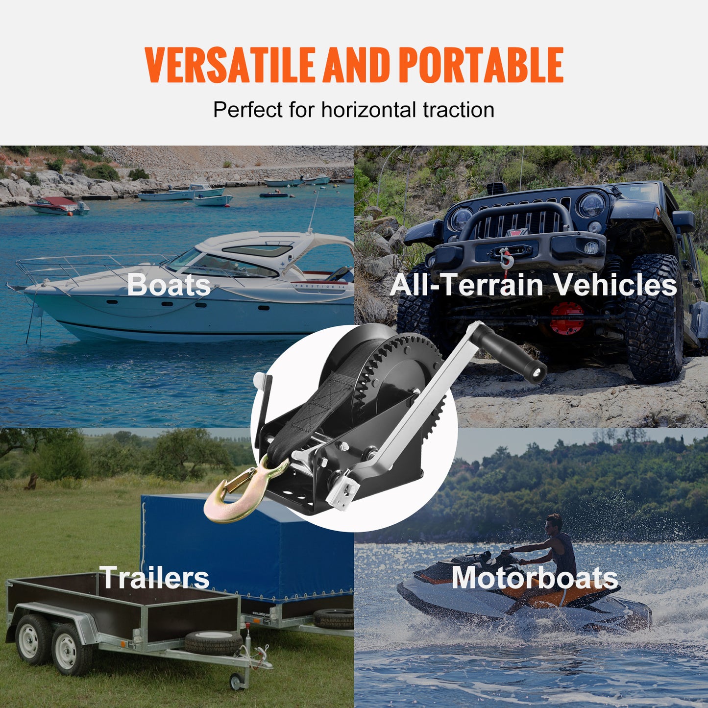 Hand Winch, 3500 lbs Pulling Capacity, Boat Trailer Winch Heavy Duty Rope Crank with 33 ft Polyester Strap and Two-Way Ratchet, Manual Operated Hand Crank Winch for Trailer, Boat or ATV Towing image 5