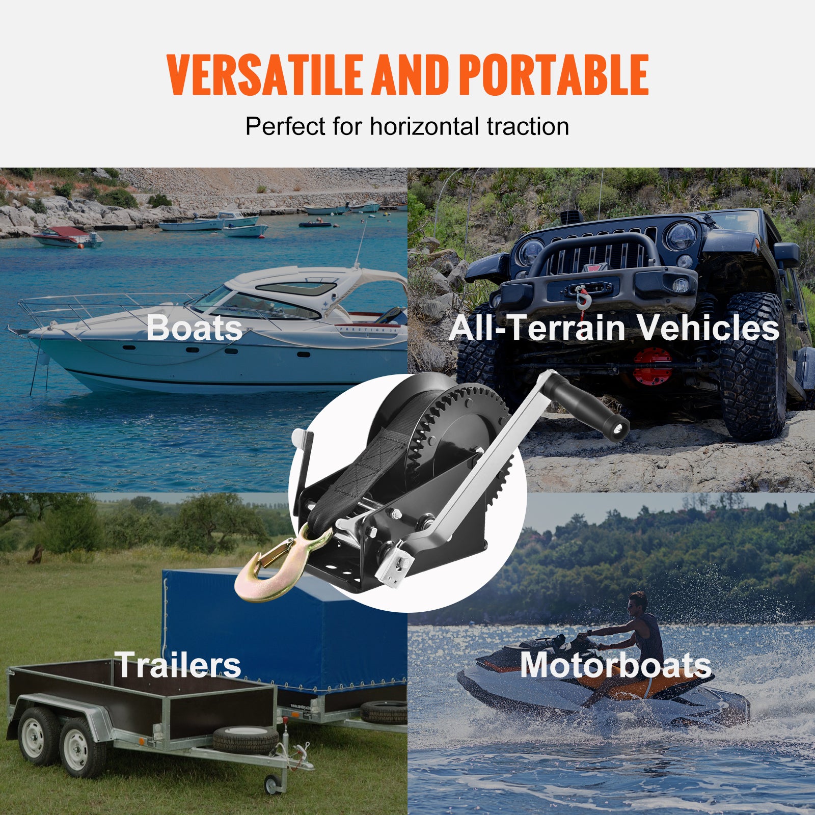 Hand Winch, 3500 lbs Pulling Capacity, Boat Trailer Winch Heavy Duty Rope Crank with 33 ft Polyester Strap and Two-Way Ratchet, Manual Operated Hand Crank Winch for Trailer, Boat or ATV Towing image 5