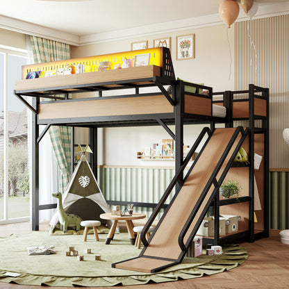 Twin XL Size Loft Bed with Slide, Storage Shelves and Built-in Wardrobe, Metal Loft Bed Frame with USB Ports and LED Lights, with Pegboard, Safety and Solid, Natural image 1
