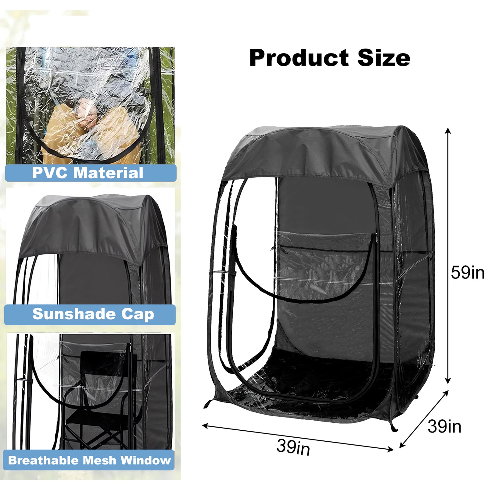Portable Pop Up Sports Tent, Ideal Shelter for Outdoor Sports Events, Fishing and Camping, Protection from Cold Wind and Rain, Black image 3