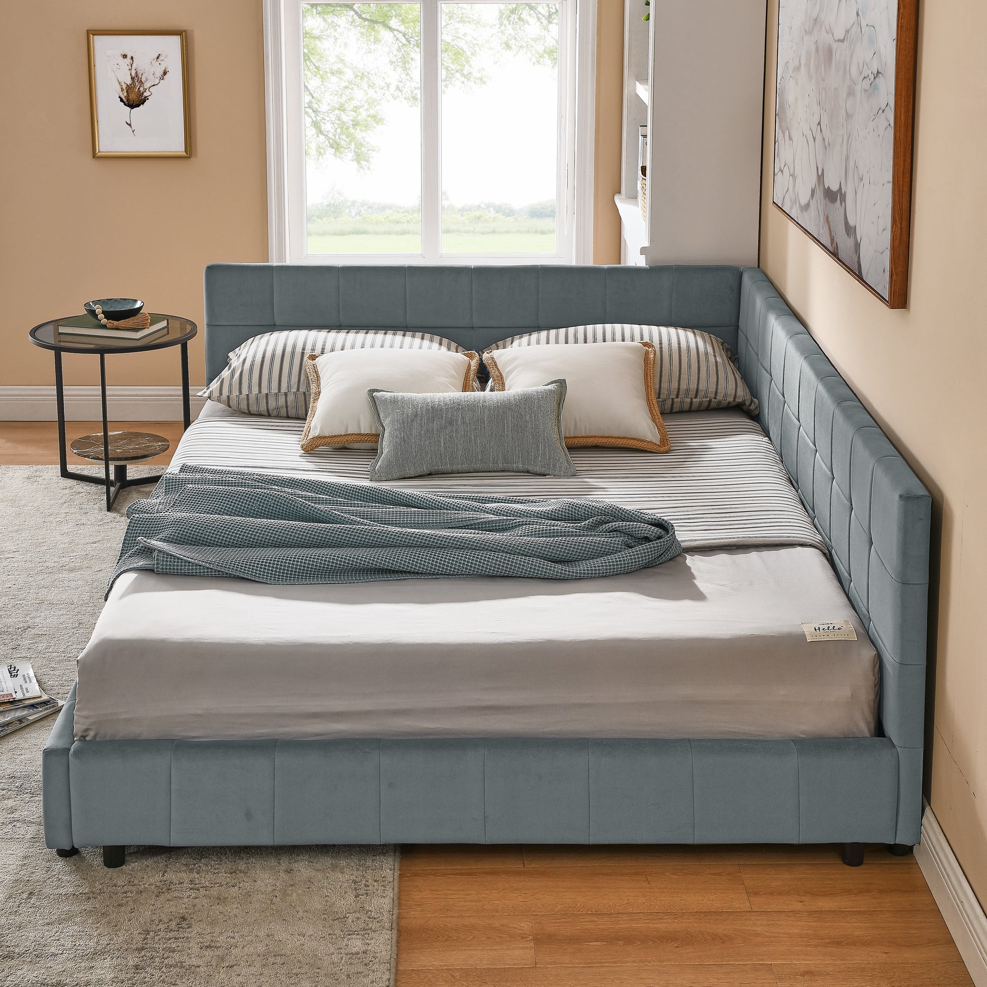 Queen Size Upholstered Tufted Bed Frame, Sofa Bed Frame with Comfortable Backrest and Armrests, Queen Size Bed for Bedroom, Living Room,Velvet, GREY(85.5''*64.5''*30.5'') image 3
