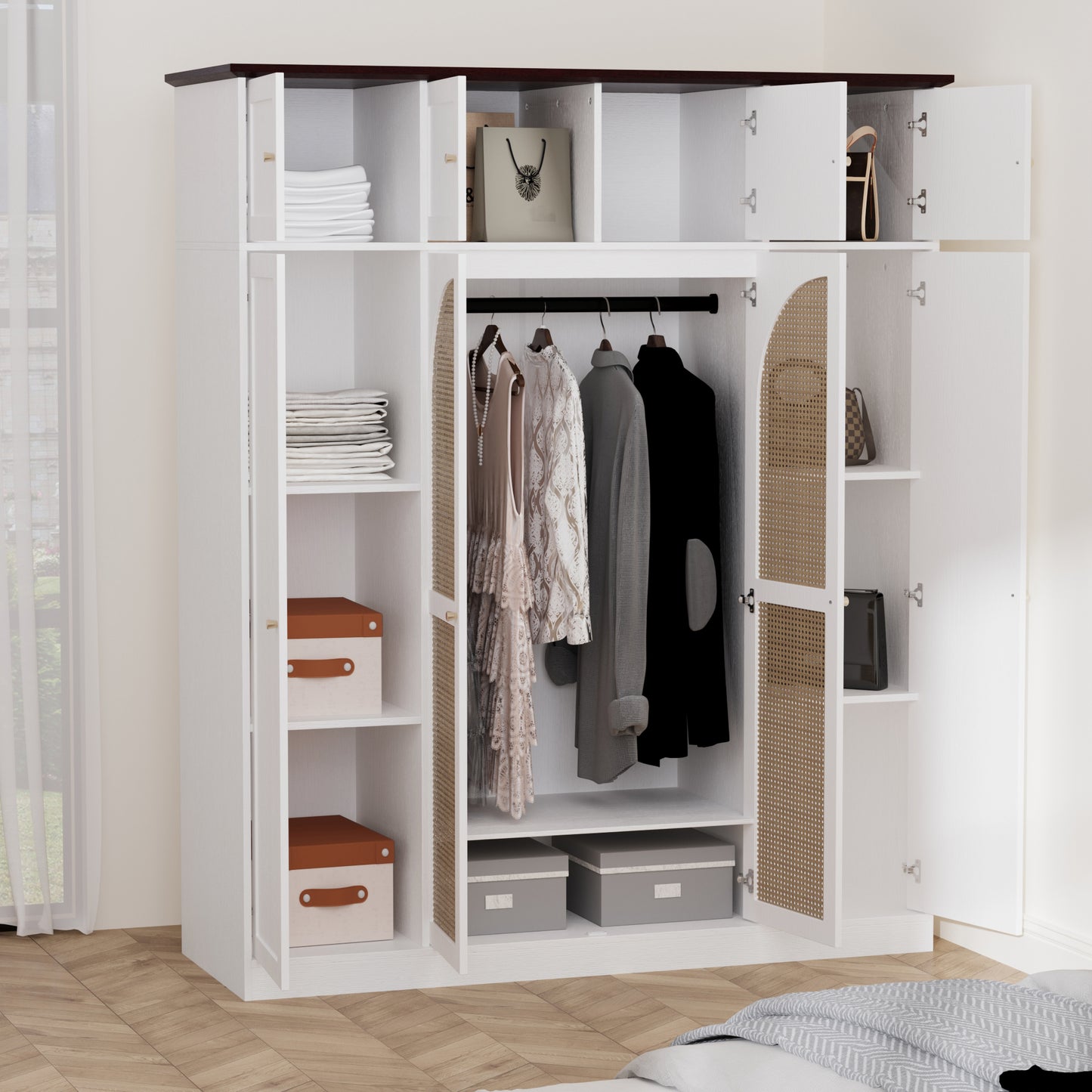 70.87"Tall 8-Door Large Capacity Armoire Wardrobe Closet with Hanging Rod, Adjustable Shelves and Rattan Decorative Doors, Clothing Storage Cabinet for Bedroom, walk-in closet, Living Room, White image 9