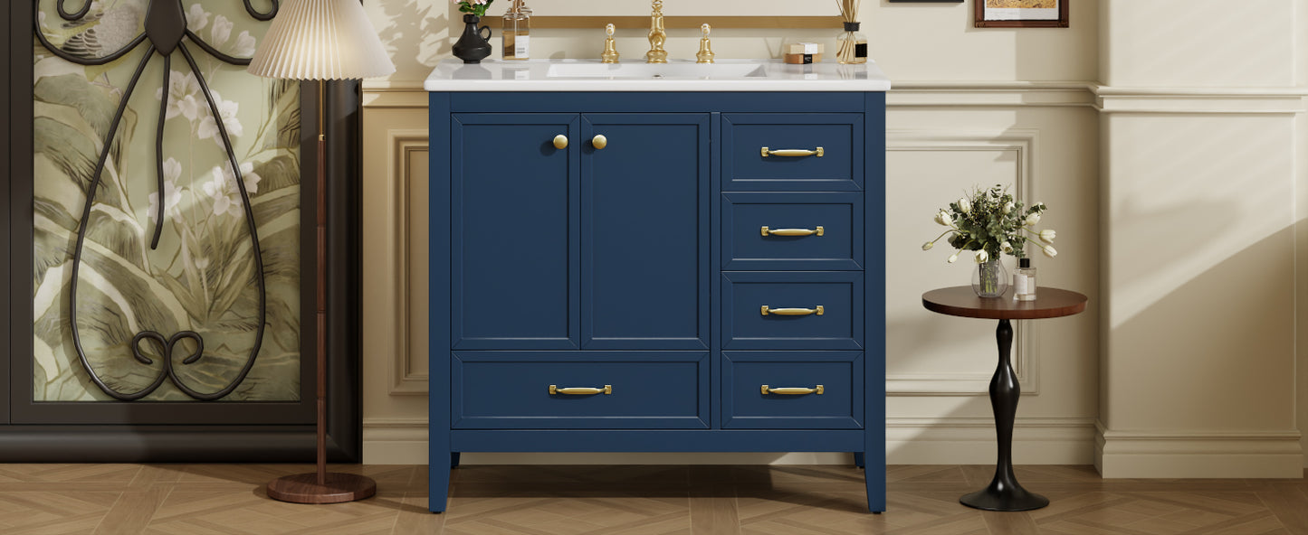 36" Bathroom Vanity with Sink, Bathroom Cabinet with Soft-Closing Door, 4 Drawers of Different Sizes, Solid Wood Frame and Leg, Two Packages, Blue image 4