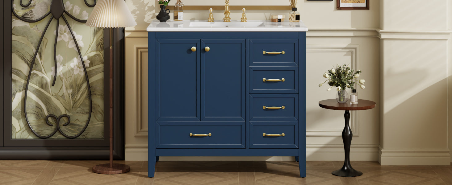 36" Bathroom Vanity with Sink, Bathroom Cabinet with Soft-Closing Door, 4 Drawers of Different Sizes, Solid Wood Frame and Leg, Two Packages, Blue image 4