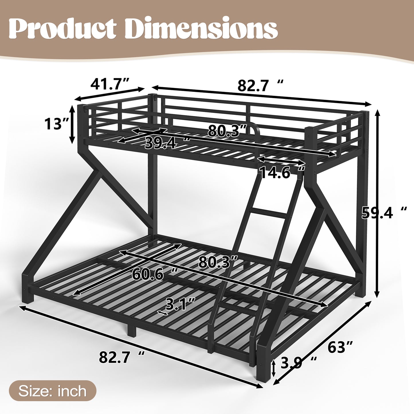 Twin XL over Queen Bunk Bed with ladders, Metal Bunk Bed with Full Upgraded Support Slats, Low Profile Bunk Bed, Black image 4