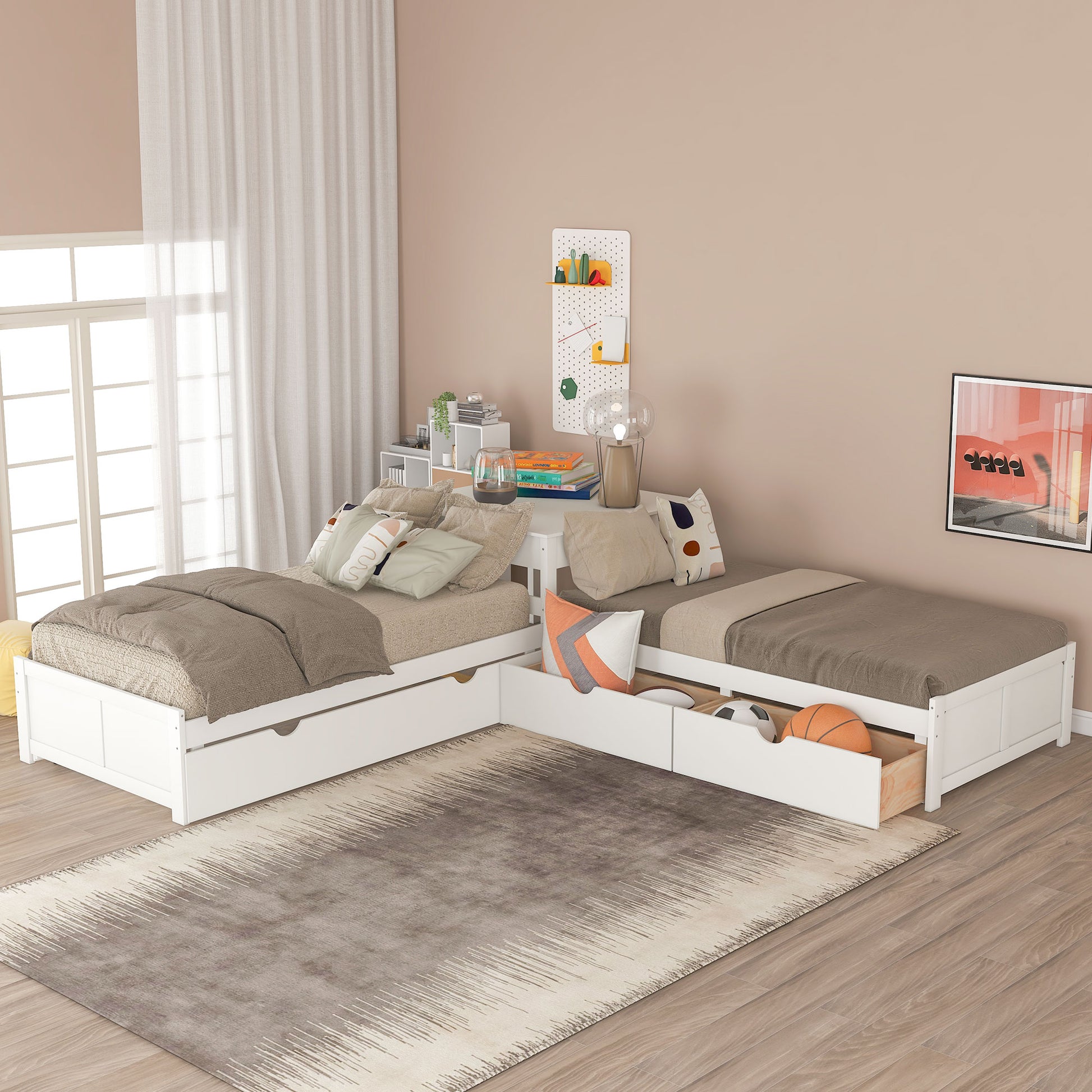 L-shaped Platform Bed with Trundle and Drawers Linked with built-in Desk,Twin,White(Old SKU:SM000916AAK-1) image 3
