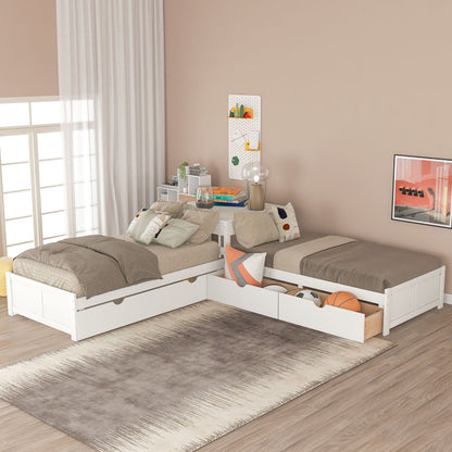 L-shaped Platform Bed with Trundle and Drawers Linked with built-in Desk,Twin,White(Old SKU:SM000916AAK-1) image 3
