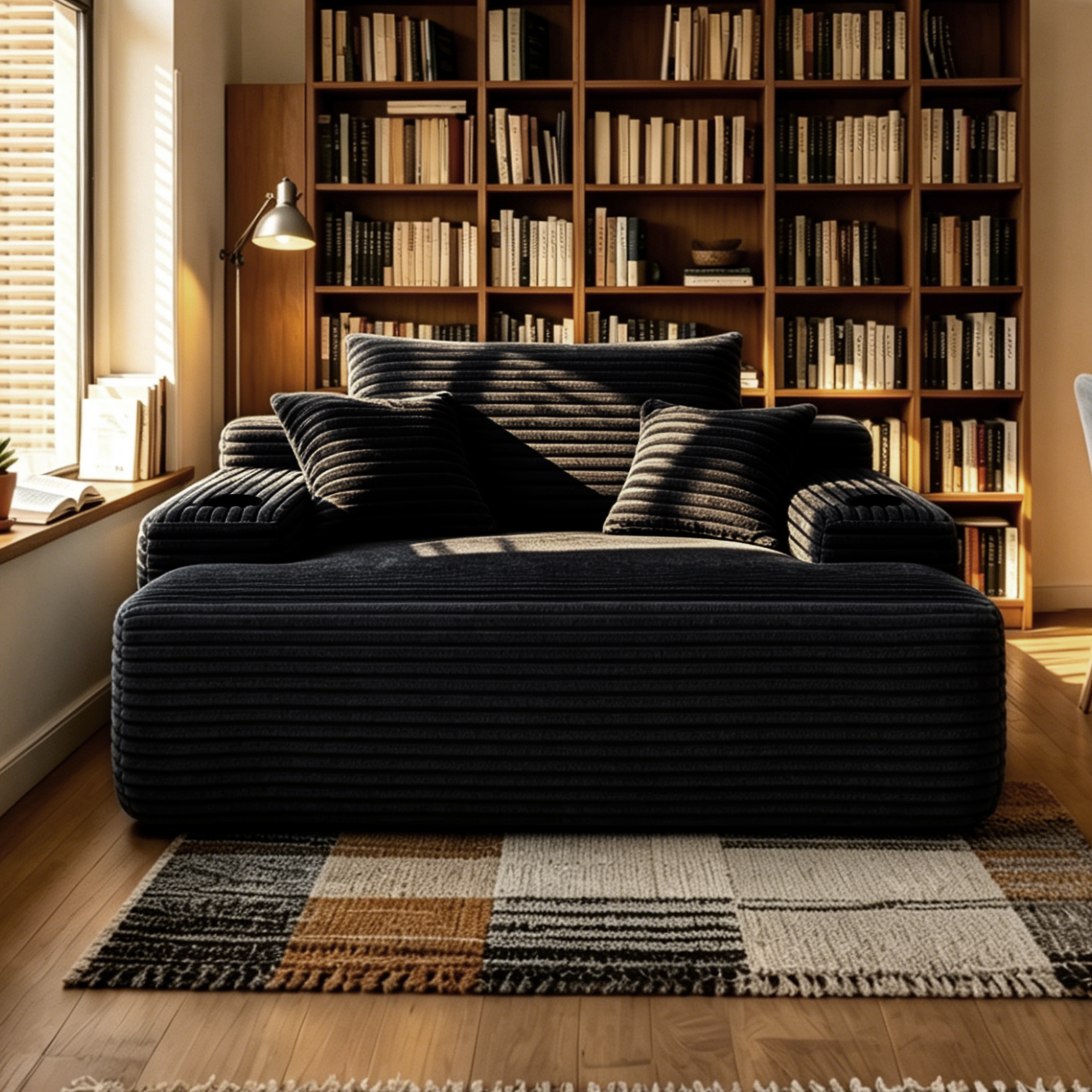 Convertible Chaise Lounge Chair Plush with Wide Armrest & Throw Pillows, Cozy Boneless Sleeper Sofa Bed Armchair, with cup holder,for Living Room, Bedroom, No Assembly Required,Black image 2