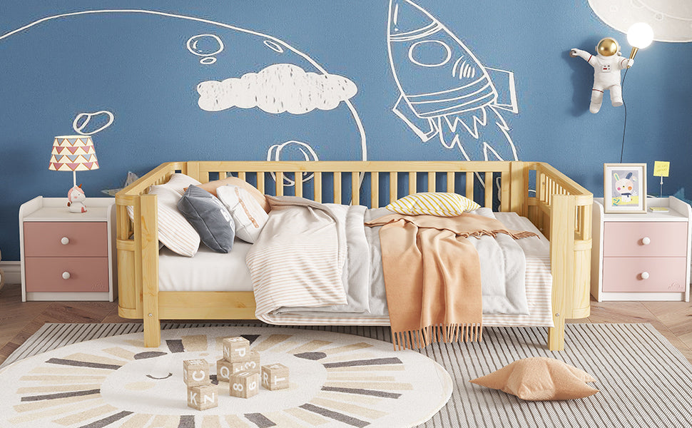 Full Size Wood Platform Bed for Kids, Wood Low Profile Full Bed with Rails for Girls and Boys, Natural (Patented Design,Expect Arrival Date 2026/5/11 Old SKU W2593P233781) image 8