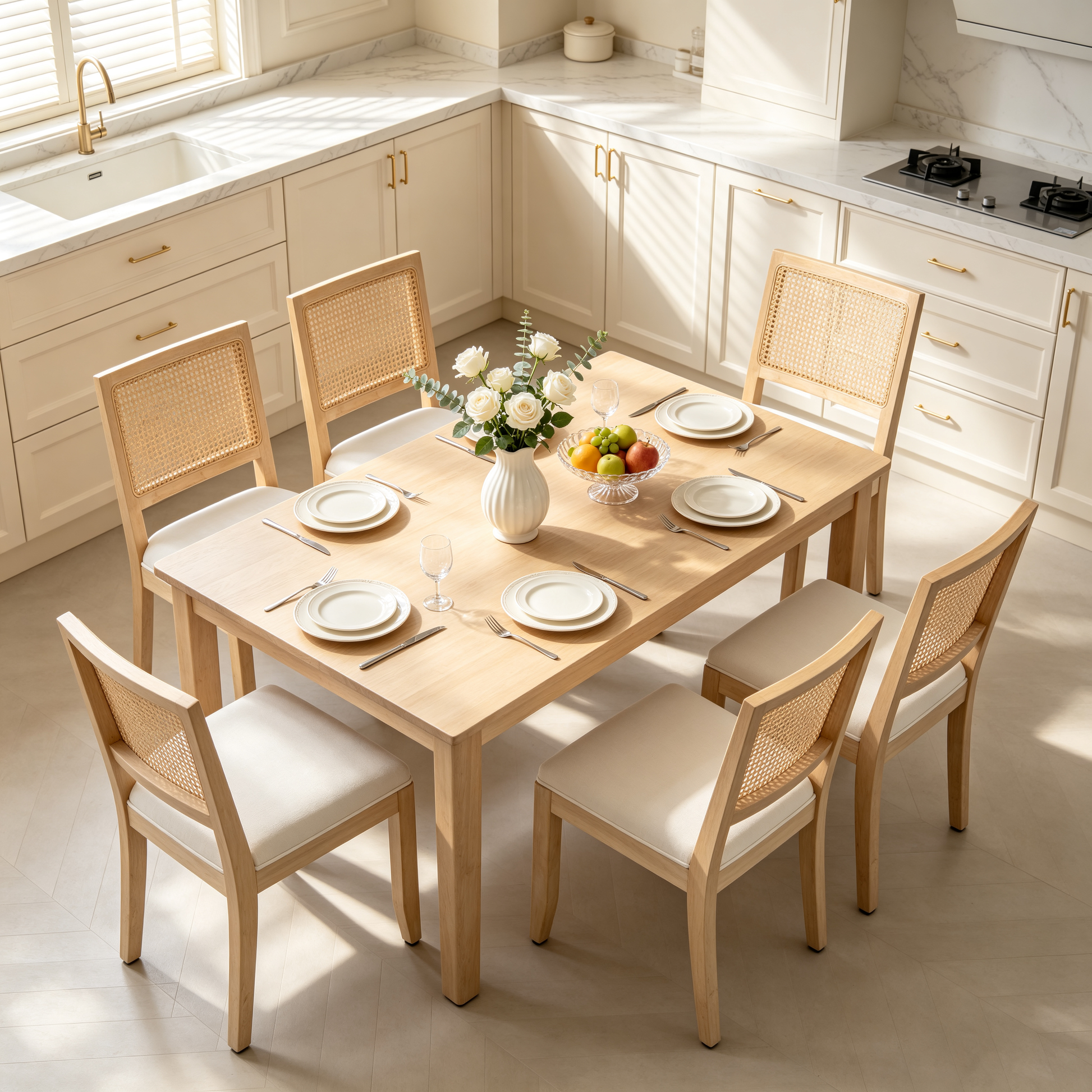 Farmhouse Rattan Dining Chairs Set of 2, Mid Century Modern Kitchen & Dining Room Chairs, Cane Low Back, with Natural Solid Wood Frame, Beige image 10