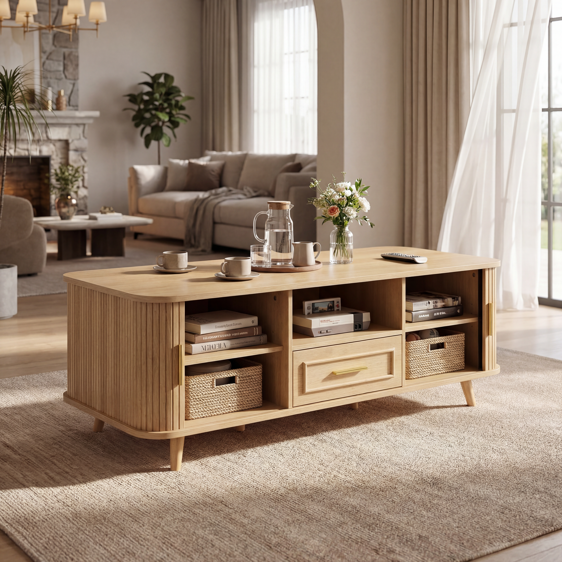 Mid-Century Modern Coffee Table with Storage: Natural Wood Finish, 2 Doors & 1 Drawer, For Living Room, Entertainment Center, Home Theater image 1