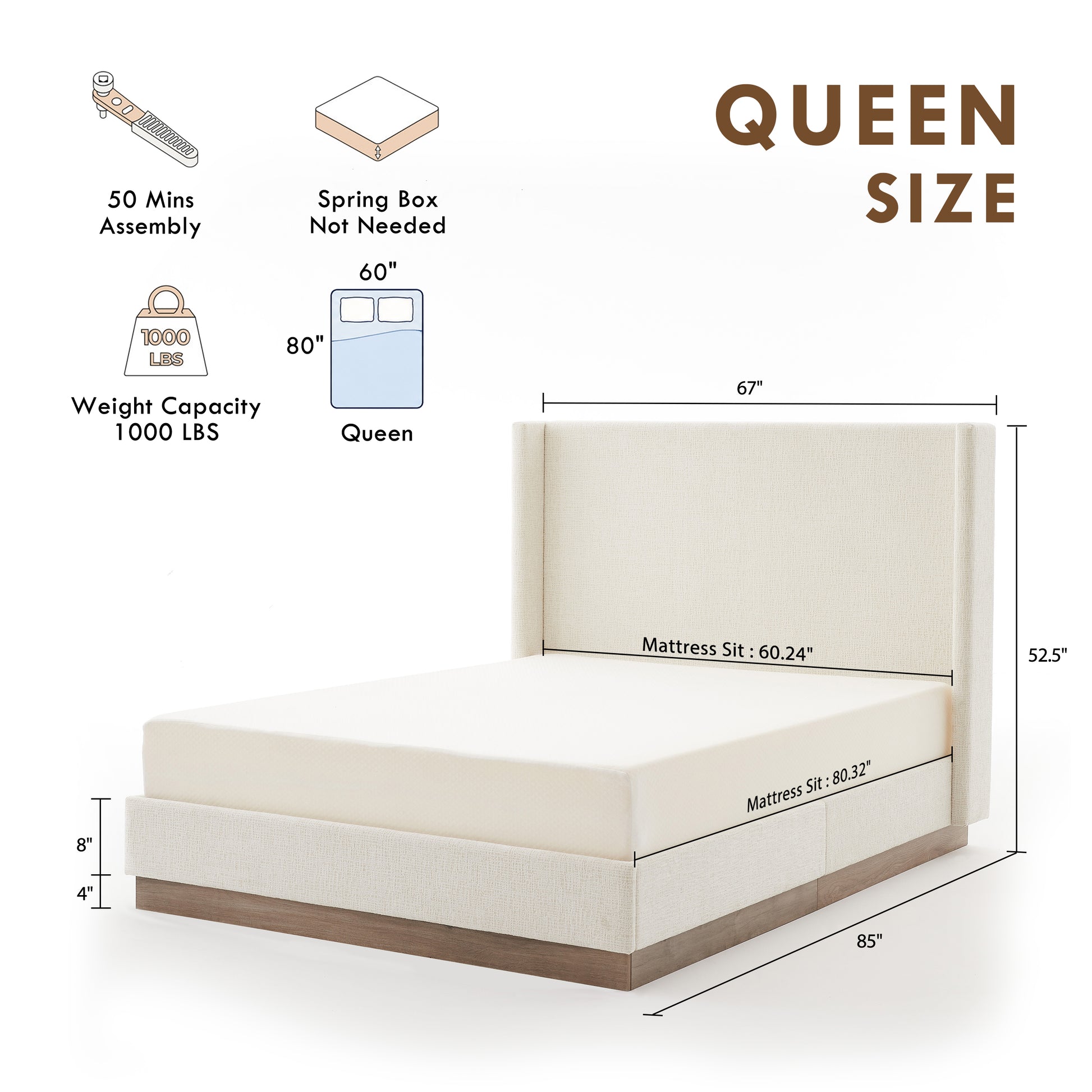 Hosford Upholstered Wingback Bed / Upholstered Wood Base Platform Bed / 52.5" High Headboard / Minimalist / Rusticity / No Box Spring Needed / Queen / Oat Boucle / No Noise image 9