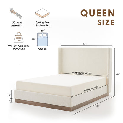 Hosford Upholstered Wingback Bed / Upholstered Wood Base Platform Bed / 52.5" High Headboard / Minimalist / Rusticity / No Box Spring Needed / Queen / Oat Boucle / No Noise image 9